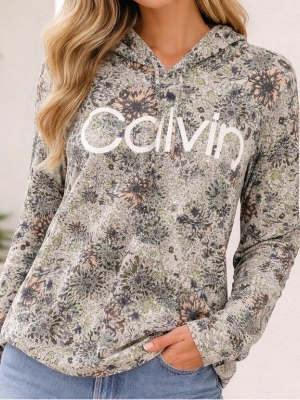 Calvin Klein Performance Floral Hoodie in Olive Gray and Dusty Peach